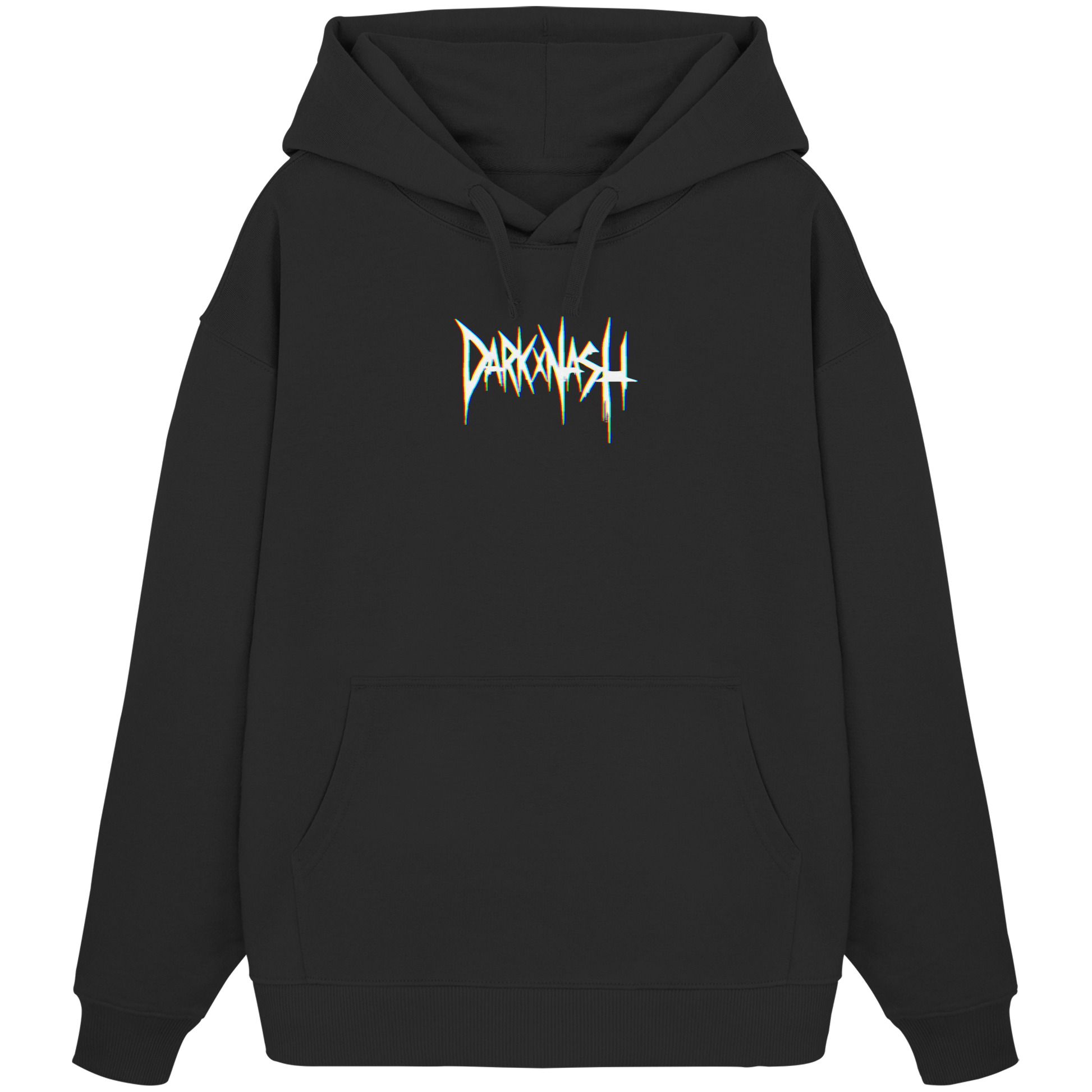 Schwarzer Oversize-Hoodie mit DarkXnash-Logo, minimalistisches Design, ideal für Techno-Fans und urbanen Style.
