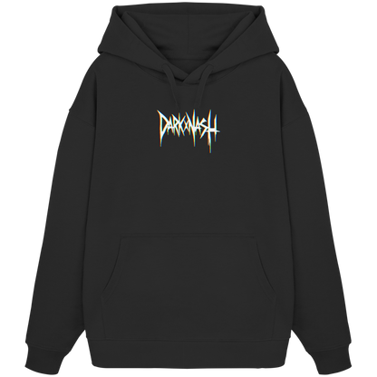 Schwarzer Oversize-Hoodie mit DarkXnash-Logo, minimalistisches Design, ideal für Techno-Fans und urbanen Style.