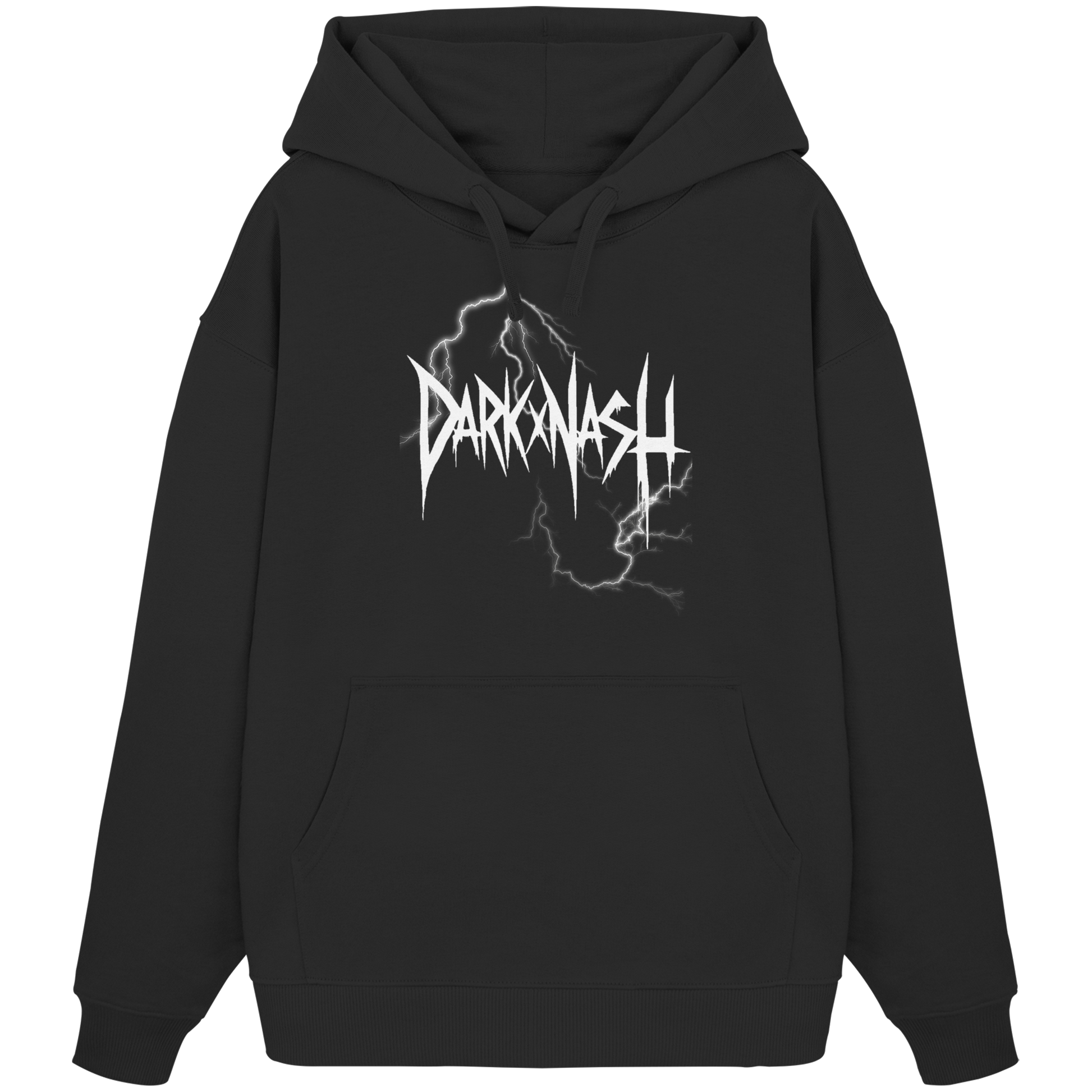 Schwarzer Hoodie mit DARKXNASH-Logo und stilisierter Blitz-Grafik. Minimalistisches Design, ideal für Techno- und Festival-Liebhaber.