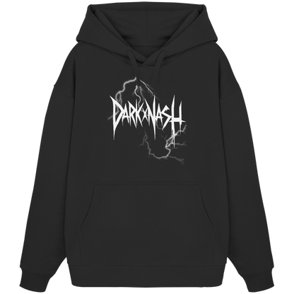 Schwarzer Hoodie mit DARKXNASH-Logo und stilisierter Blitz-Grafik. Minimalistisches Design, ideal für Techno- und Festival-Liebhaber.