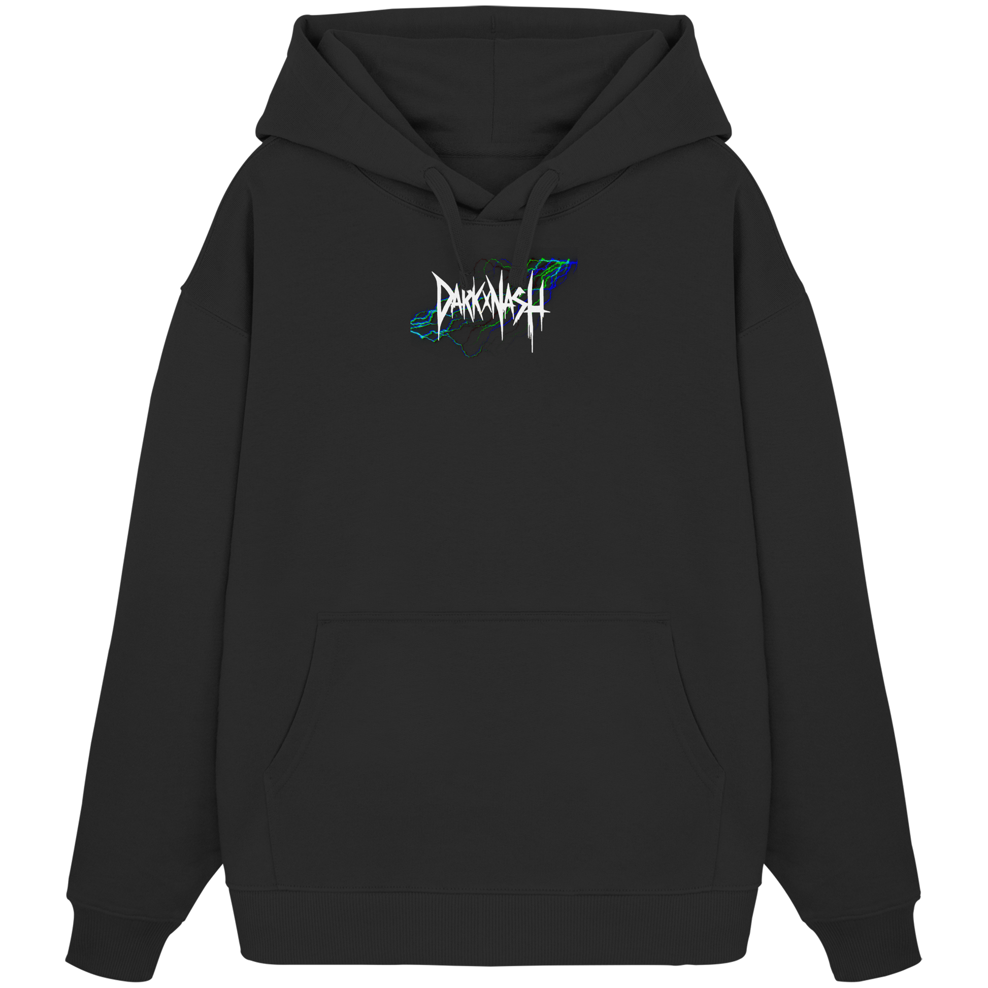 Schwarzer Oversize Hoodie mit stylischem DarkXNash-Logo auf der Vorderseite, umgeben von einem neonfarbenen, futuristischen Design.