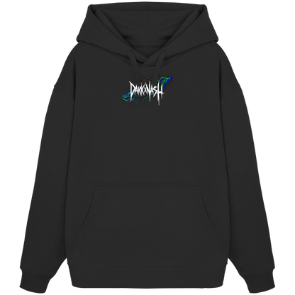Schwarzer Oversize Hoodie mit stylischem DarkXNash-Logo auf der Vorderseite, umgeben von einem neonfarbenen, futuristischen Design.