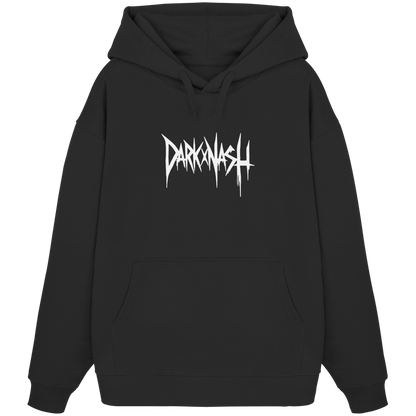 Techno Hoodie DARKXNASH, schwarzer Kapuzenpullover mit Frontprint Logo, minimalistisches Streetwear Design, Rave Style