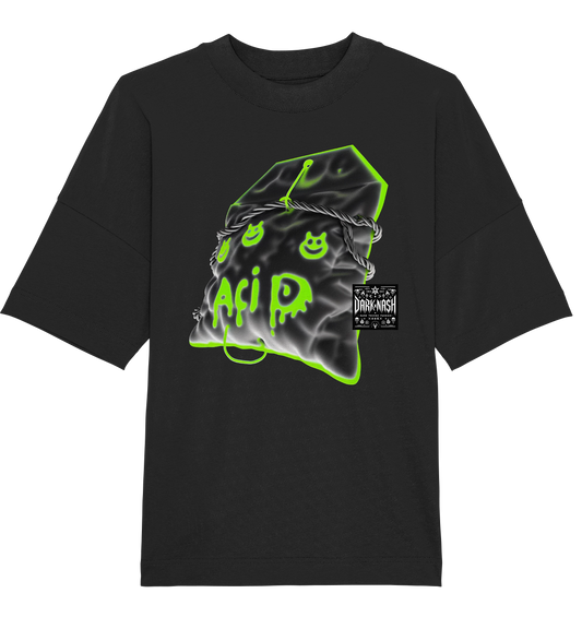 Schwarzes Oversize-T-Shirt mit auffälligem neon-grünen Acid-Motiv, das eine plastische Grafik mit Smiley-Icons und Schriftzug zeigt, ergänzt durch das DARKXNASH-Logo unten rechts.