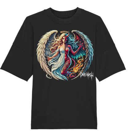 Schwarzes Rave Shirt mit auffallendem Muter auf dem ein Engel und ein Terufel verschmelzen