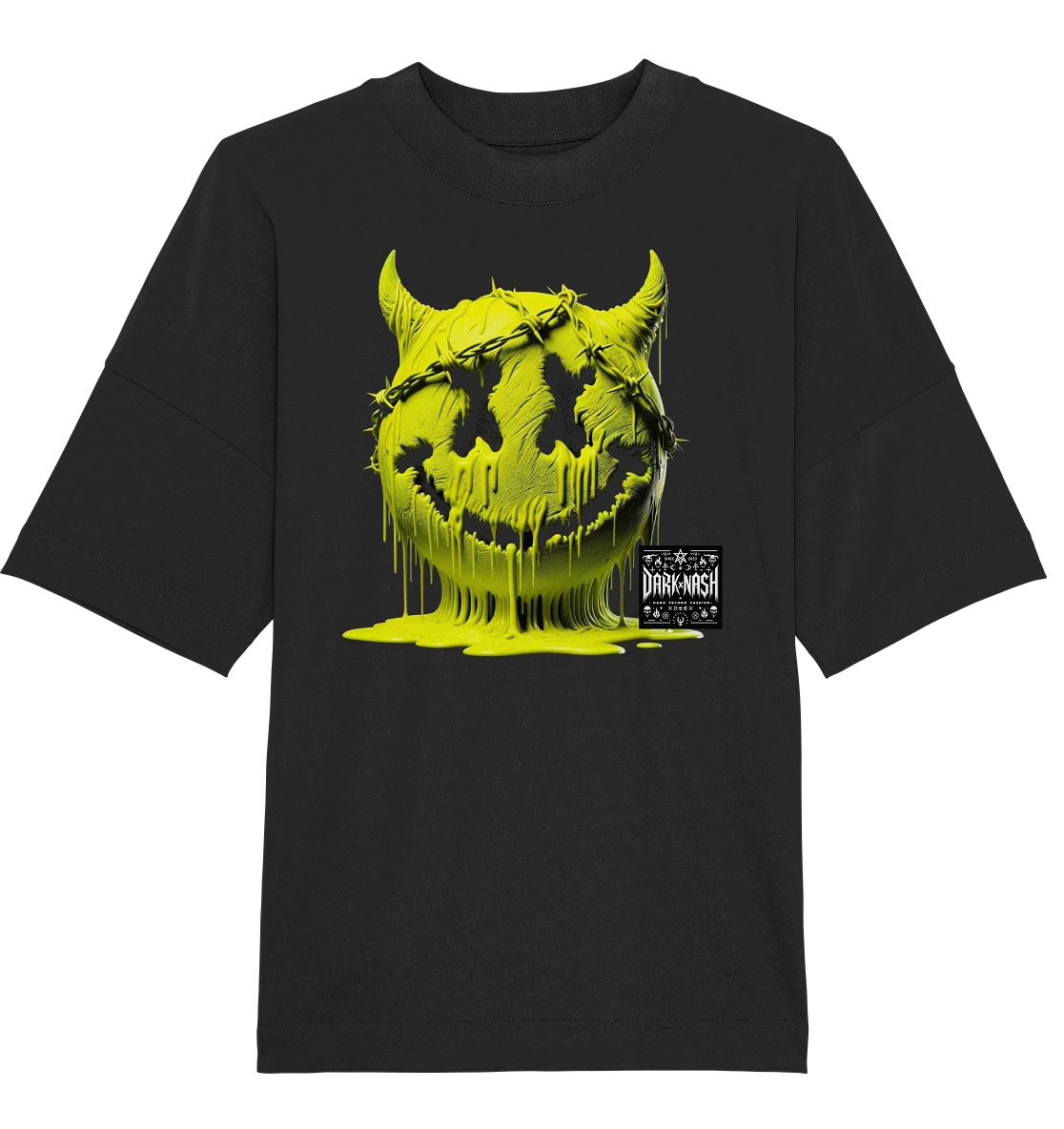 Acid Smiley T-Shirt in Schwarz mit neongelbem, tropfendem Smiley-Design und DARKXNASH-Logo, ideal für Raver und Techno-Liebhaber.