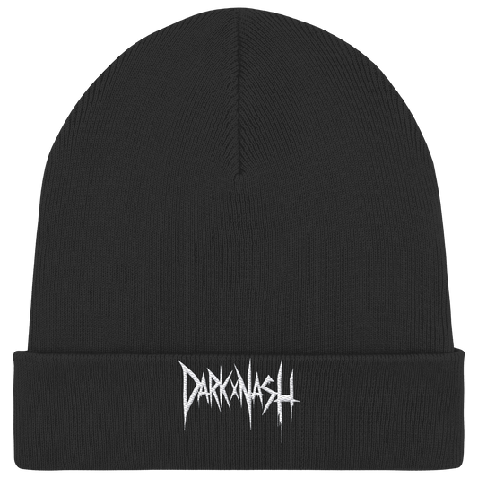 Schwarze Organic Rib Beanie mit weißem DARKXNASH Logo – nachhaltige Streetwear Mütze