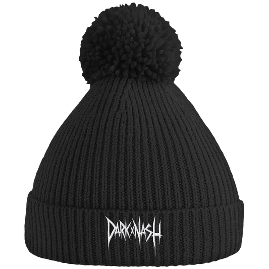 Schwarze Pom-Pom Beanie Mütze mit weißem DARKXNASH Logo – Streetwear Accessoire