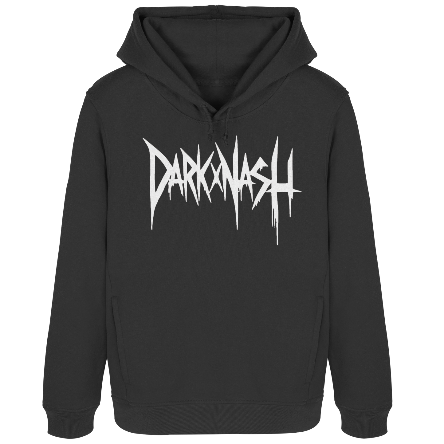 Schwarzer Damen Hoodie mit weißem DARKXNASH Frontlogo – Techno Streetwear für Raverinnen und Festival Outfits.