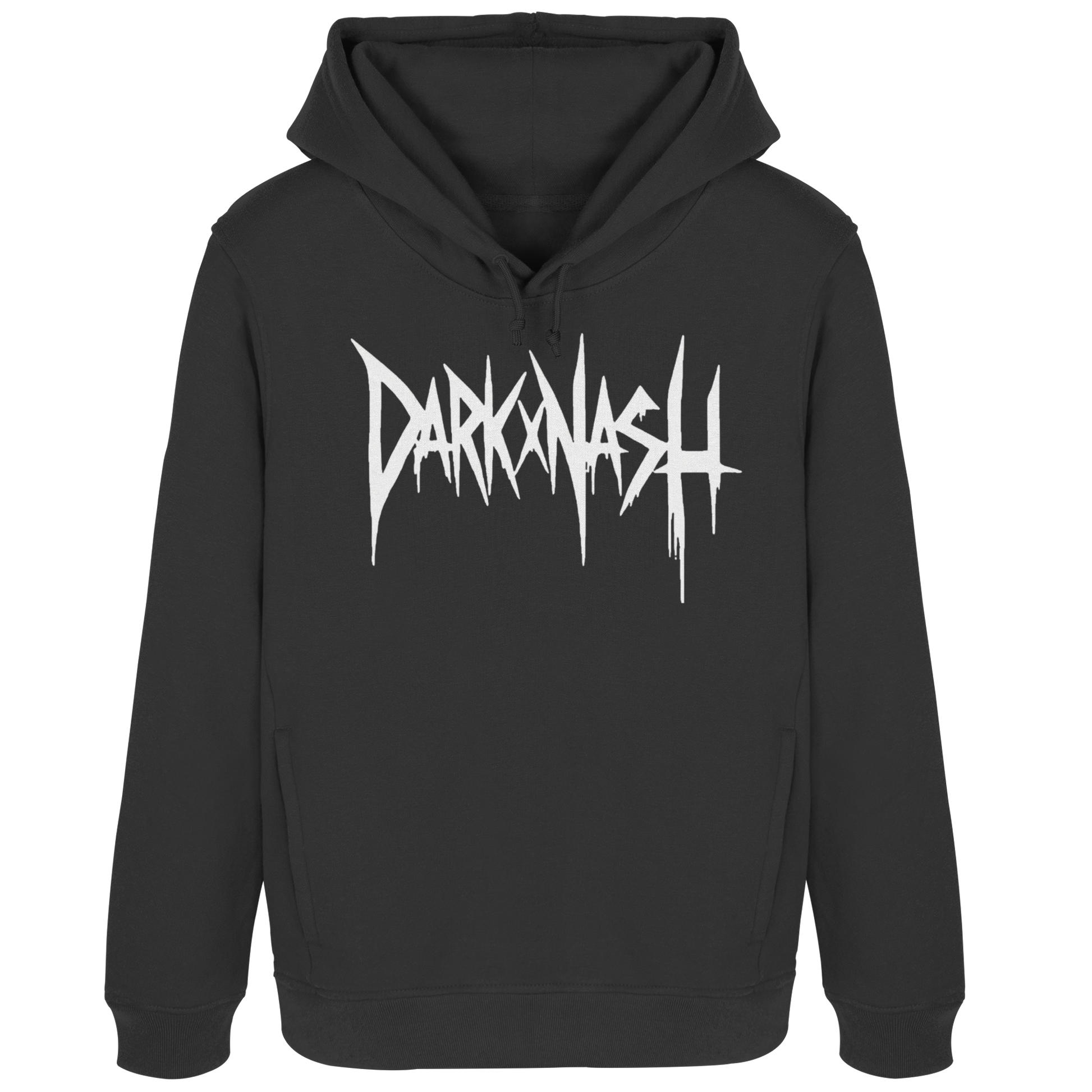 Schwarzer Damen Hoodie mit weißem DARKXNASH Frontlogo – Techno Streetwear für Raverinnen und Festival Outfits.
