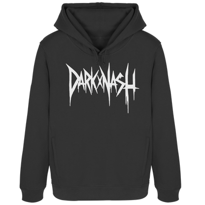 Schwarzer Damen Hoodie mit weißem DARKXNASH Frontlogo – Techno Streetwear für Raverinnen und Festival Outfits.