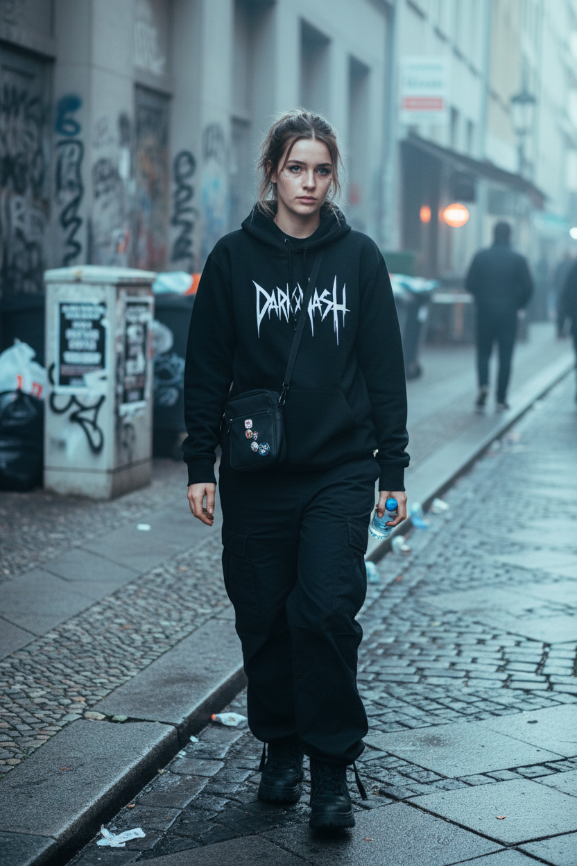 Eine Raverin trägt einen schwarzen Darkxnash Hoodie nach dem Club