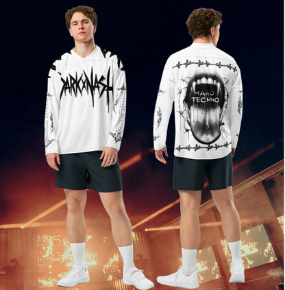 Weißes Hard Techno Jersey mit Dark Nash Logo, Stacheldraht-Tribals und großem Backprint mit Mund-Motiv im Rave-Style.
