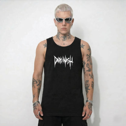 DARKXNASH Techno Tanktop schwarz mit Logo Print vorne Rave Streetwear Shirt für Festival und Club Outfit