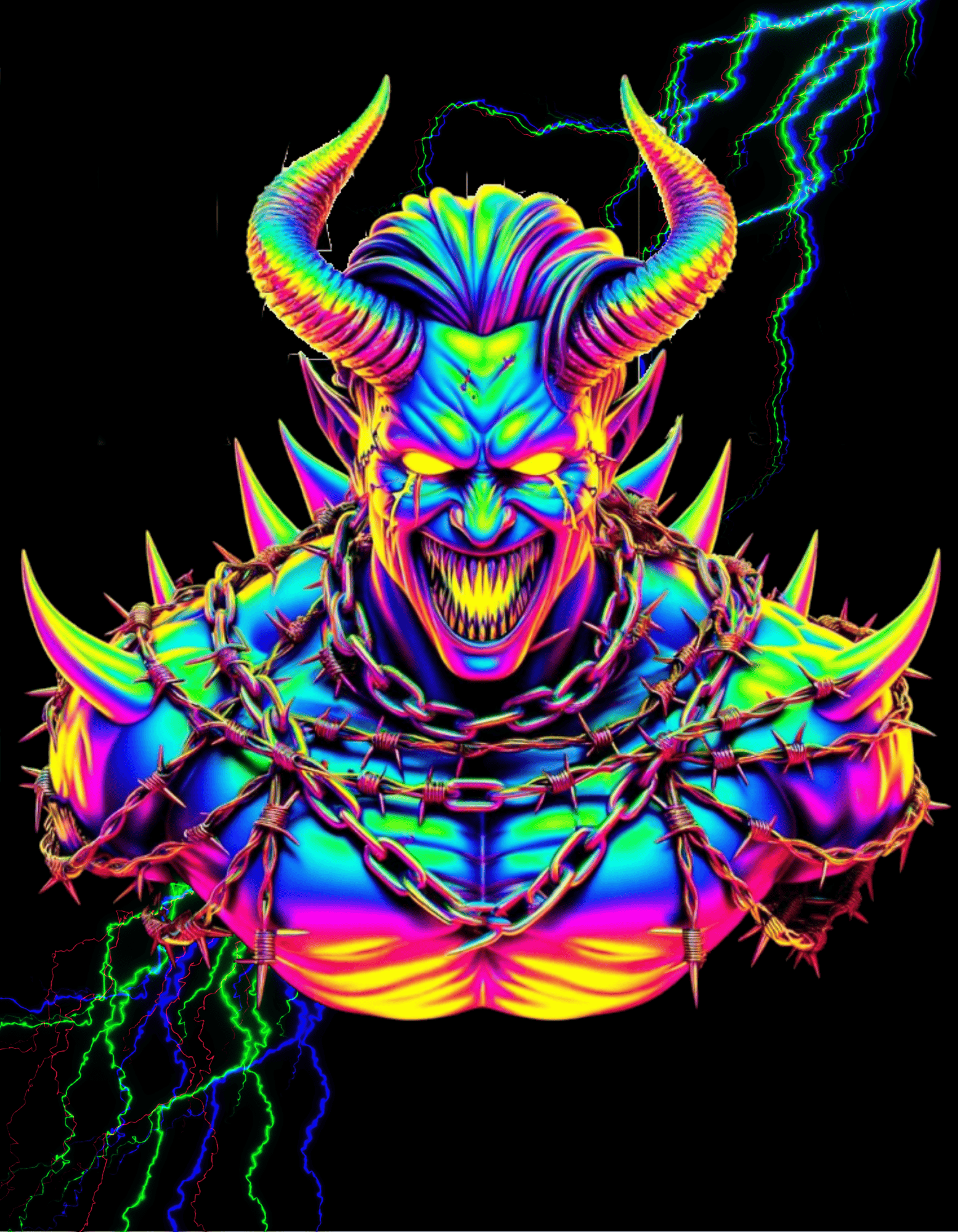 Psychedelischer Dämon mit Neonfarben, Hörnern, Stacheln und Ketten – elektrisierende Darstellung der Techno- und Rave-Ästhetik.