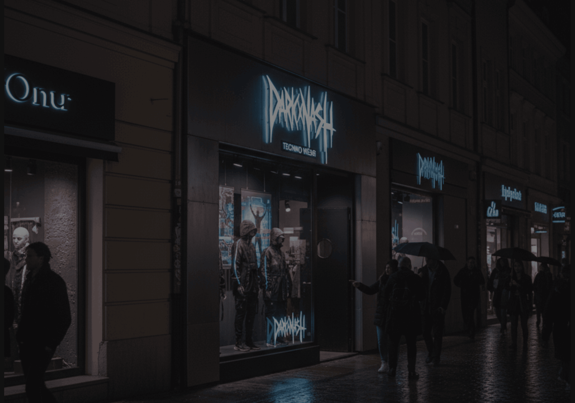 DARKXNASH Techno Shop mit beleuchtetem Storefront im nächtlichen Rave-Look.